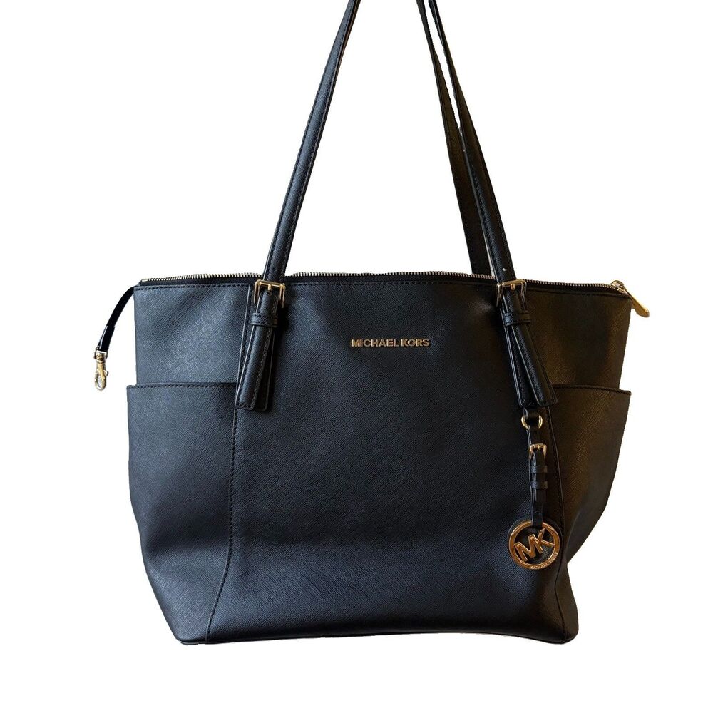 Michael Kors Black Large Tote Zip Top w/ MK Charm Gold Hardware Outer Pockets